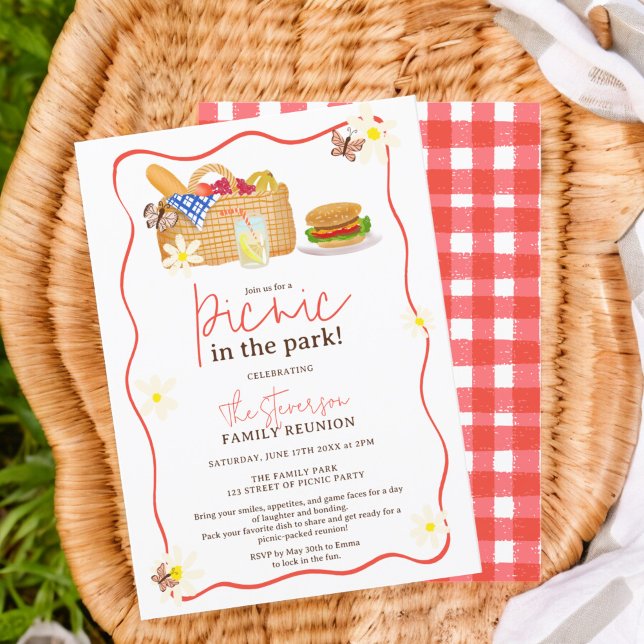 Invitation Été rouge Fun Pique-nique dans la réunion familial (Summer red Fun Picnic in the park family reunion Invitation)