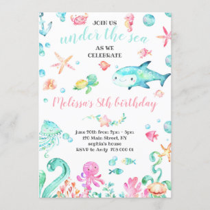 Invitation Été sous la mer Watercolor Girl Anniversaire