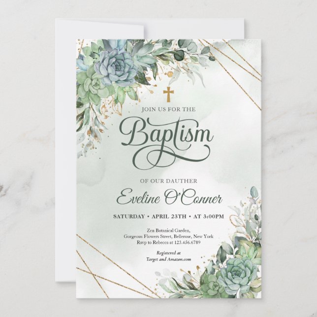 Invitation Été succulents eucalyptus vert or Baptême (Devant)