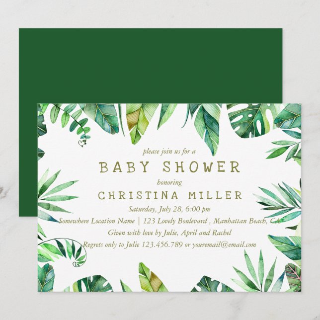 Invitation Été tropical| Baby shower Feuilles d'aquarelle (Devant / Derrière)