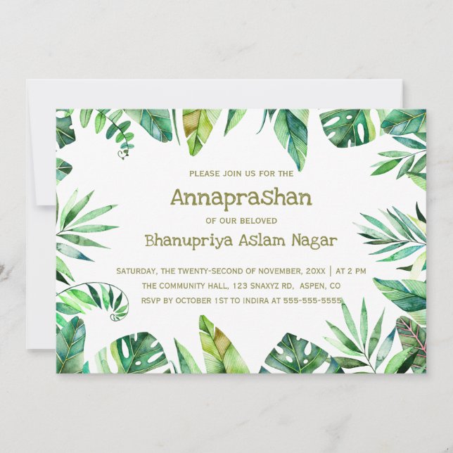 Invitation Été tropical | Feuilles d'aquarelle Annaprashan (Devant)