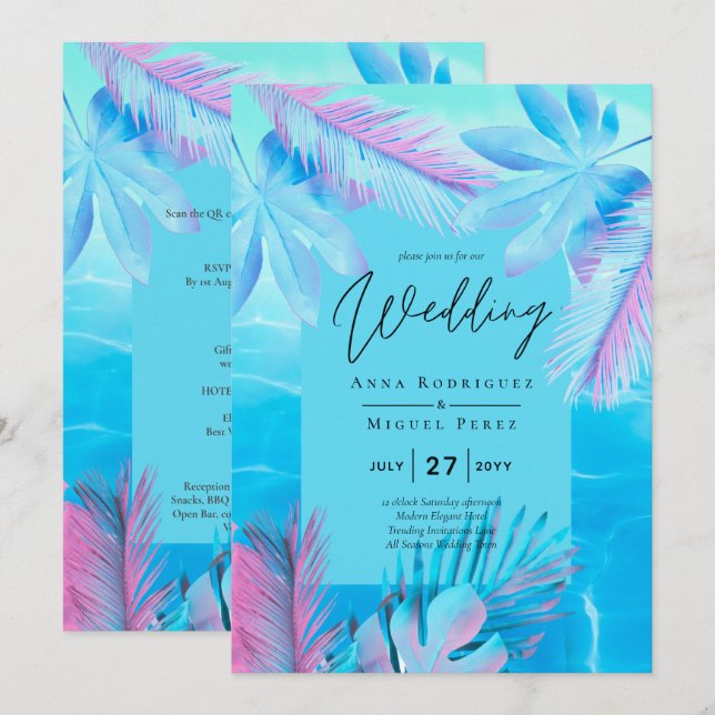 Invitation Eté tropical moderne Aqua Mariage bleu rose (Devant / Derrière)