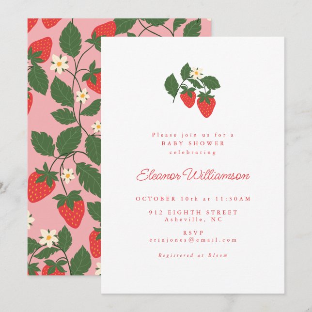 Invitation Été Vintage Baby shower Boho aux fraises blanches (Devant / Derrière)