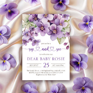 Invitation Été Violet Fleurs de Violet Bébé Sip et voir
