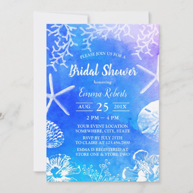 Invitation Eté Watercolor Beach Fête des mariées de mariage (Devant)