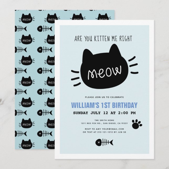 Invitation Êtes-Vous Kitten Me Droite Meow Blue BIrthday (Devant / Derrière)