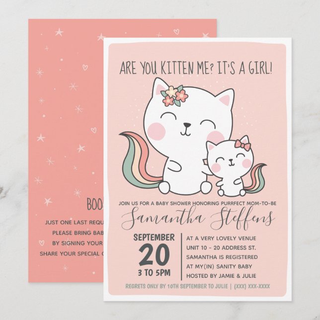 Invitation Êtes-Vous Kitten Me Mignonne Chat Rose Baby shower (Devant / Derrière)