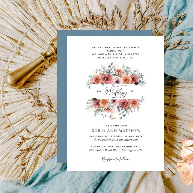 Invitation "Ethéal" Blush, Pêche et Mariage floral bleu (Créateur téléchargé)