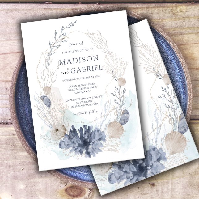 Invitation Ethereal Aquarelle Coral Seashell Mariage maritime (Créateur téléchargé)