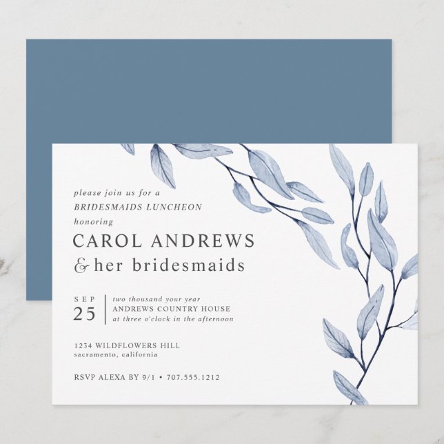 Invitation Ethereal Blue Chic Botanical Bridesservantes Déjeu (Devant / Derrière)