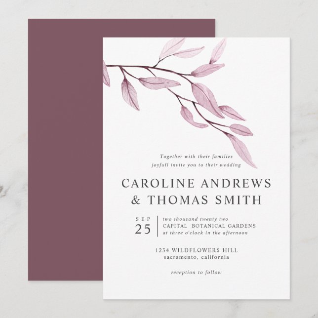 Invitation Ethereal Bourgogne | mariage Feuille chic (Devant / Derrière)