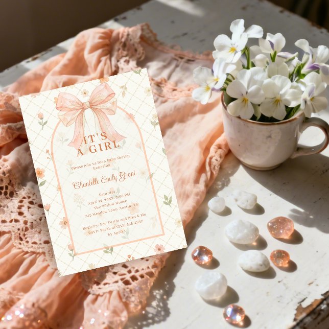 Invitation Ethereal Coquette Peach Bow Baby Shower TMF26 (Ethereal Coquette Peach Bow Baby Shower Invitation with Elegant Lattice and Watercolor Effect.)