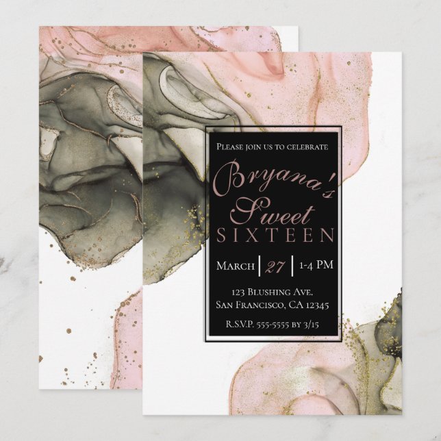 Invitation Éthérée Moody Rose Black Or Inky Glam Sweet 16 (Devant / Derrière)