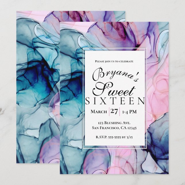 Invitation Éthérée Turquoise rose violet Encre Glam moderne S (Devant / Derrière)