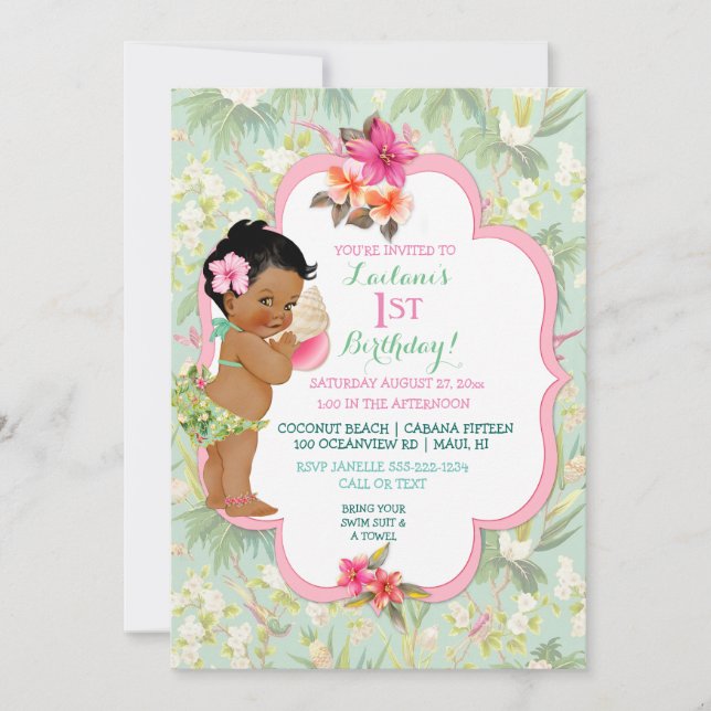 Invitation Ethnic Baby Girl Bikini Tropical Luau Hawaiian (Devant)
