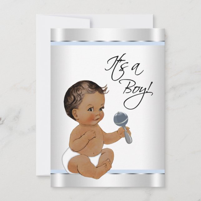 Invitation Ethnic bébé Baby shower bleu argent (Devant)