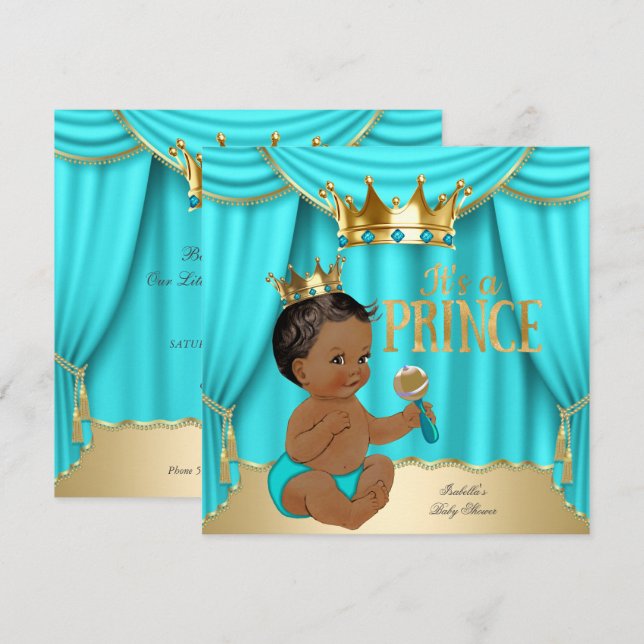 Invitation Ethnic Boy Baby shower Prince Aqua Blue Gold Crown (Devant / Derrière)