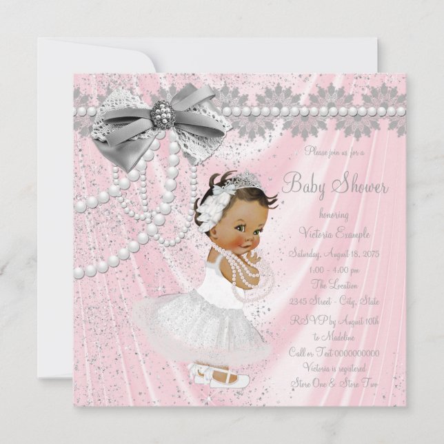 Invitation Ethnic Girl rose Grey Satin Baby shower Pearl (Devant)