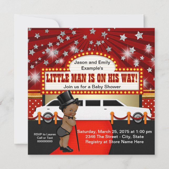 Invitation Ethnic Little Man Limousine Movie Star Baby shower (Devant)