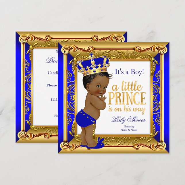 Invitation Ethnic Prince Baby shower Blue Faux Gold (Devant / Derrière)