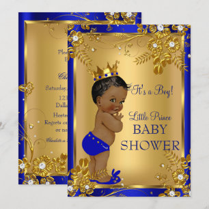 Invitation Ethnic Prince Boy Baby shower Gold Blue Floral