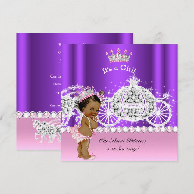Invitation Ethnic Princess Baby shower Carriple rose violet (Devant / Derrière)