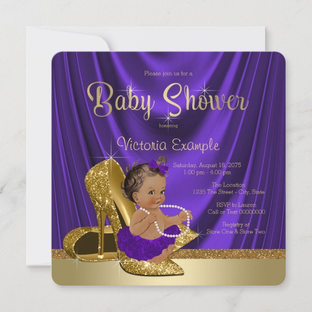 Invitation Ethnic Purple Ballerina Gold Shoe Baby shower (Devant)