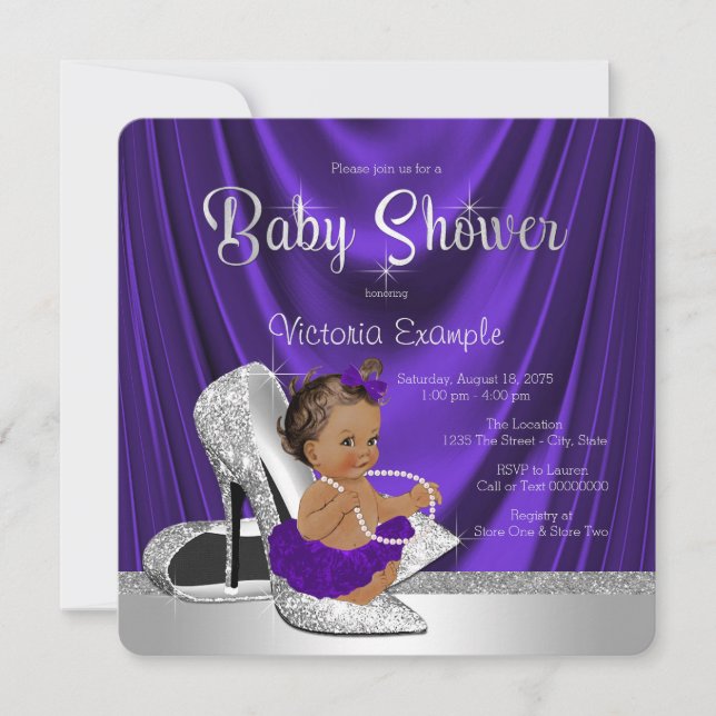 Invitation Ethnic Purple Ballerina Silver Shoe Baby shower (Devant)