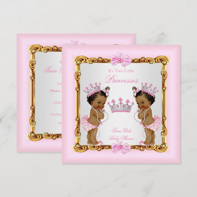 Invitation Ethnic Twin Girls Princess Baby shower Gold Rose (Devant / Derrière)