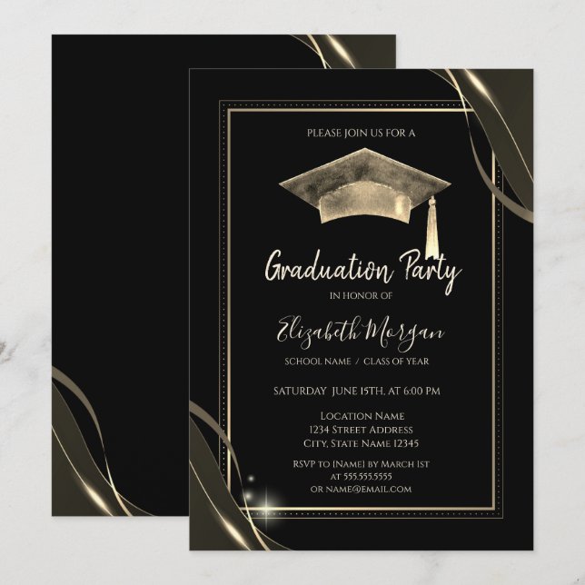 Invitation Etincelle De Cadre Or Élégante, Grad Casquette Gra (Devant / Derrière)