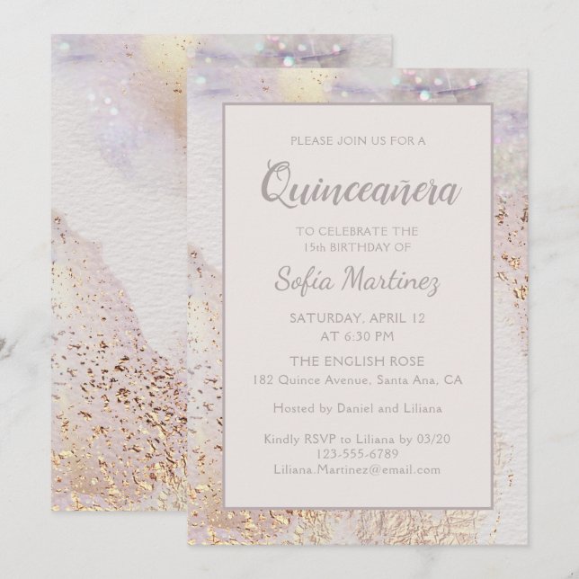 Invitation Étincelle de marbre moderne | Quinceañera (Devant / Derrière)