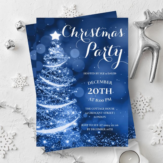 Invitation Étincelle de Noël en argent et bleu (Silver & Blue Christmas Party Sparkle Invitation)