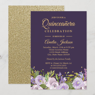 Invitation Étincelle Florale Or Violet Quinceanera