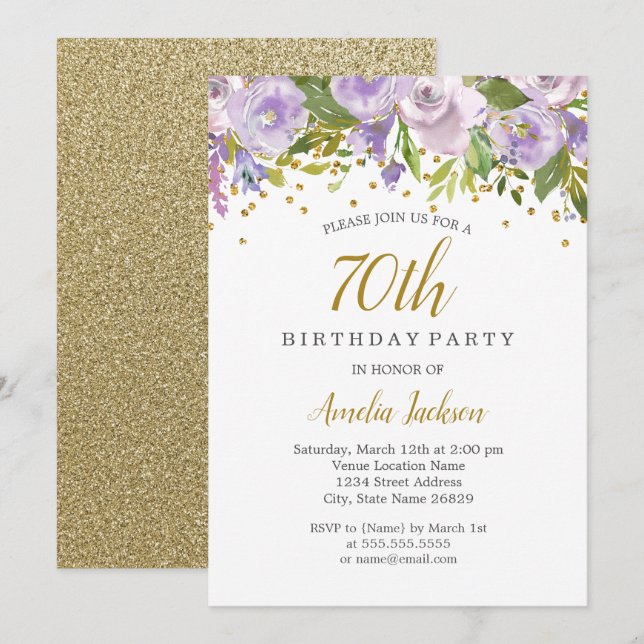 Invitation Étincelle Florale Purple 70e anniversaire Invitati (Devant / Derrière)