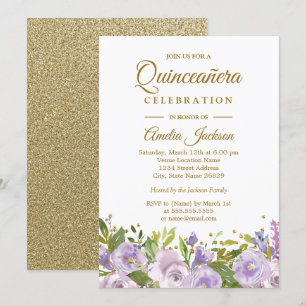 Invitation Étincelle Florale Violet Or Quinceanera
