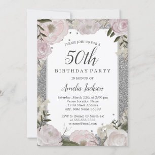 Invitation Étincelle Rose Fleurs Argentées 50e Anniversaire