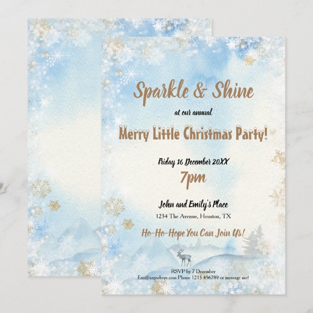 Invitation Étincelle Shine Frosty Bleu Merry Petit Noël (Devant / Derrière)