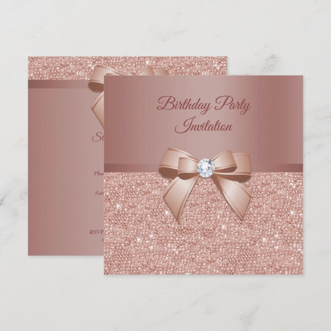 Invitation Étincelles & Glamor, Rose Gold Birthday Party (Devant / Derrière)