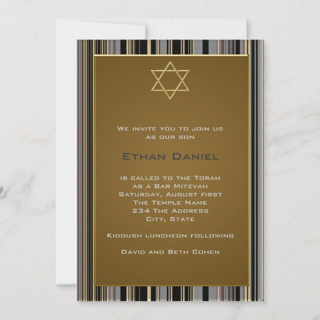 Invitation Étoile à rayures d'or noir de David Bar Mitzvah (Devant)