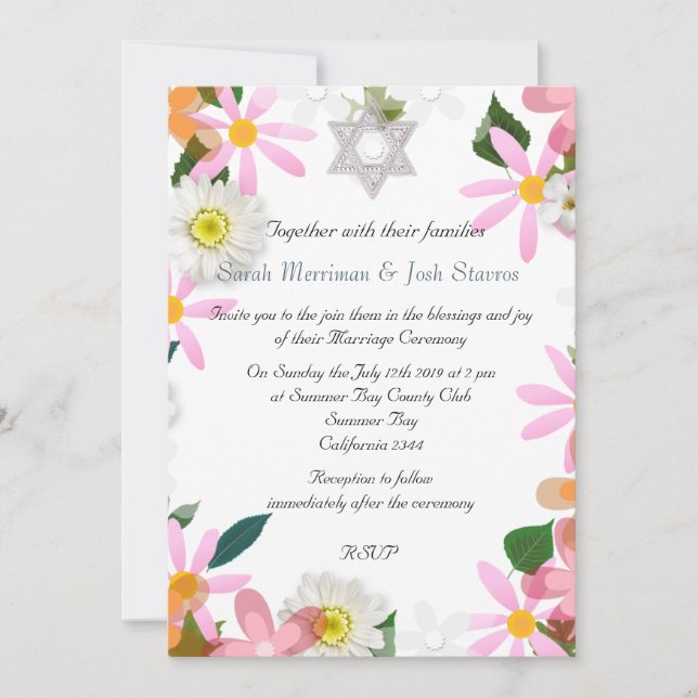 Invitation Étoile de David chuppah floral mariage juif (Devant)