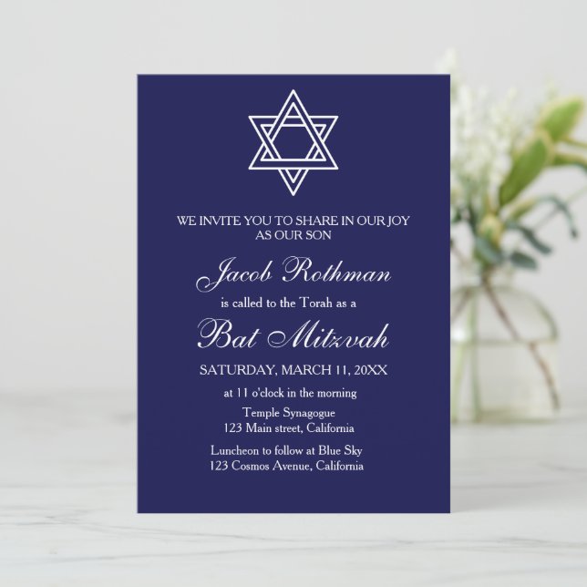 Invitation Étoile de David Élégant Simple Bleu Bat Mitzvah (Debout devant)