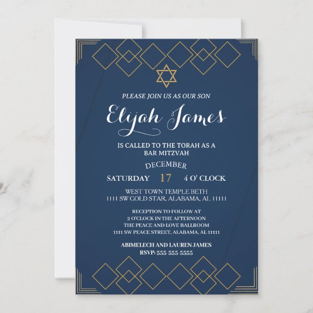 Invitation Étoile de David moderne élégante en or Bar Mitzvah (Devant)
