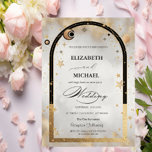 Invitation Étoile Dorée Céleste Soleil Lune Galaxie Mariage