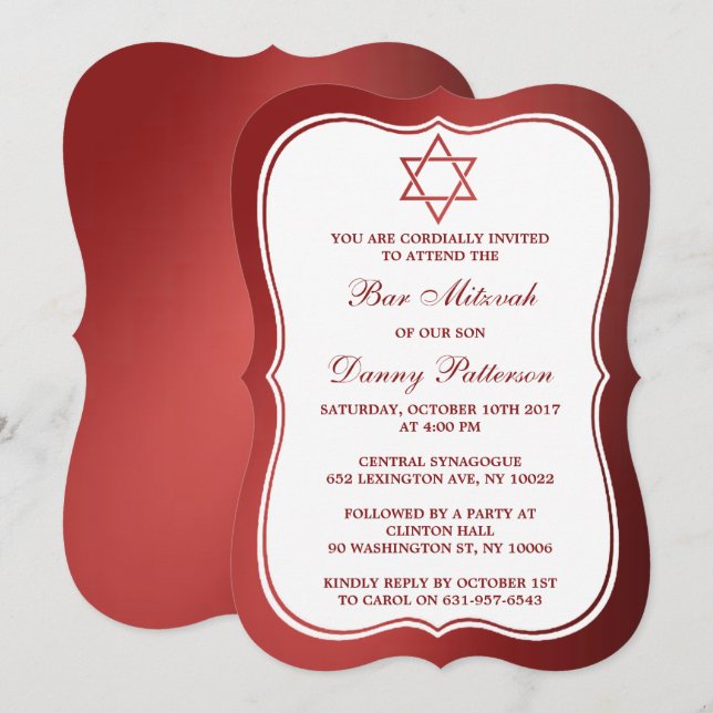 Invitation Étoile Juive Rouge Métallurgique De David Bar Mitz (Devant / Derrière)