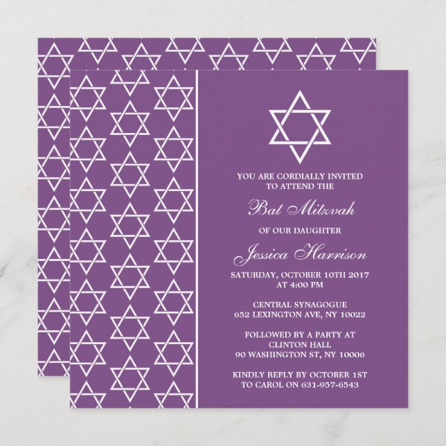 Invitation Étoile Juive Violet Et Blanche De David Bat mitzva (Devant / Derrière)
