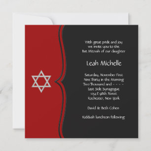 Invitation Étoile rouge et noire de David Bat Mitzvah