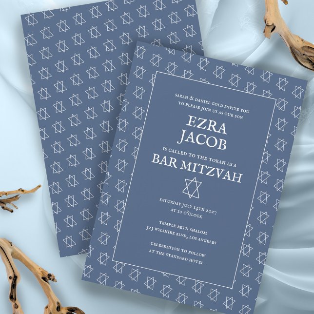 Invitation Étoile simple de David Custom B'nai Bat Bar Mitzva (Simple Star of David Pattern Minimalist Elegant Custom B'nai Bat Bar Mitzvah Invitation Blue White
)