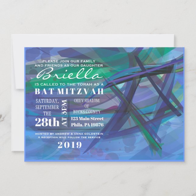 Invitation ÉTOILE TRANSPARENTE Bat Bar Mitzvah bleu invitatio (Devant)