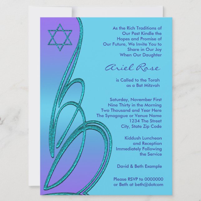 Invitation Étoile Turquoise violette de David Bat mitzvah (Devant)