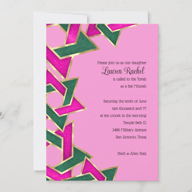 Invitation Étoile verte rose bat mitzvah de David (Devant)